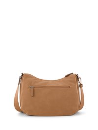 Tan leather shoulder bag with a smooth texture, curved shape, zippered pocket on the front, and adjustable strap.