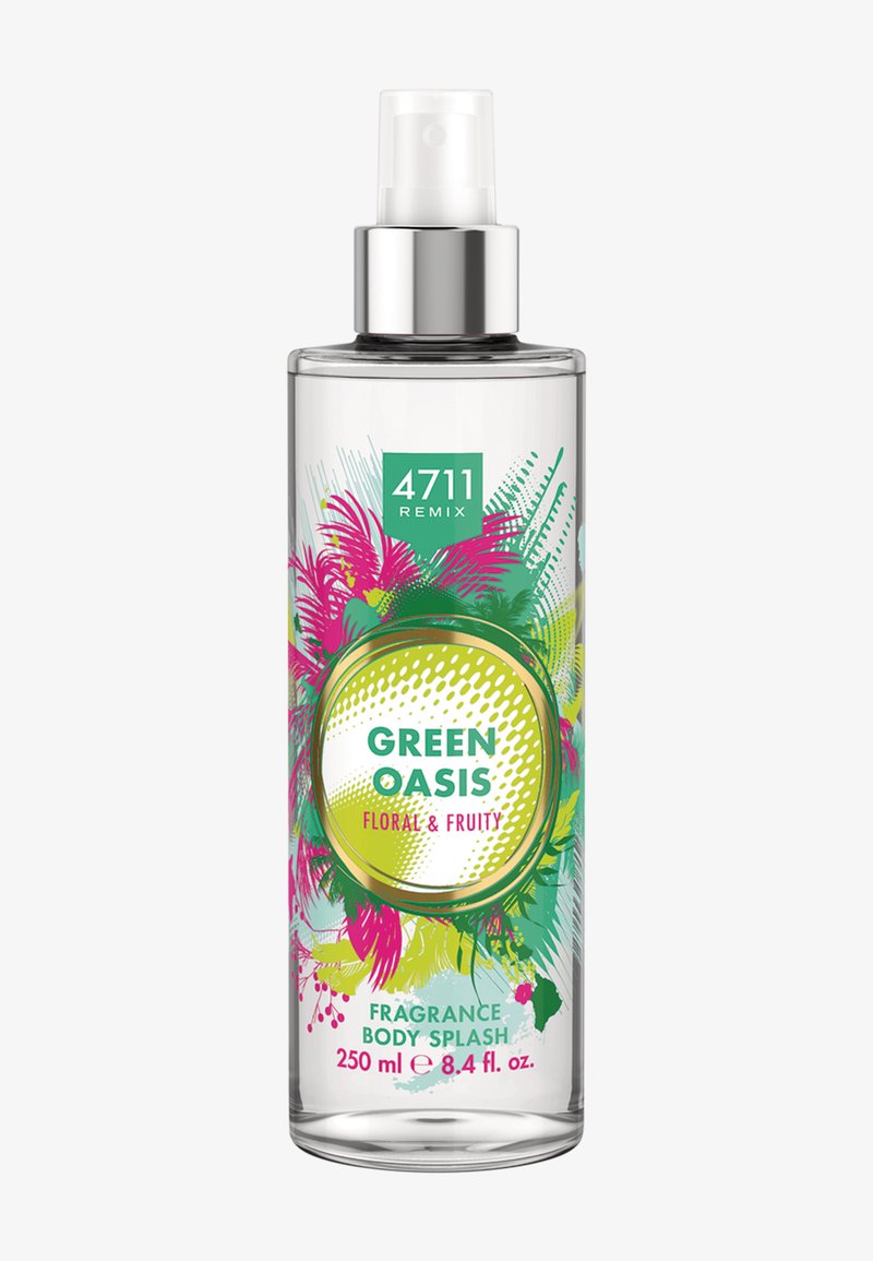 Klarer Sprühflasche mit der Aufschrift "4711 Remix Green Oasis Floral & Fruity", verziert mit bunten tropischen Blättern, enthält 250 ml Duft-Body-Splash.