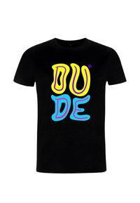 Černé bavlněné tričko s odvážnou, barevnou grafikou "DUDE" v žluté a modré barvě. Krátké rukávy a kulatý výstřih.