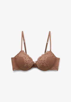 Bra in Brown mit gepolsterten Cups, feinster Spitze an den Rändern und verstellbaren Trägern. Glattes Material mit strukturierter Oberfläche.