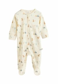 Cremefarbener Baby-Overall aus weichem Material mit einem Reißverschluss vorne. Verziert mit gemusterten Tieren, Bäumen und Traktoren. Mit Füßchen.