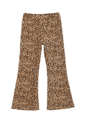 Bredde ben bukser i leopardprint med elastisk talje, med brune, sorte og beige pletter på en tan baggrund.
