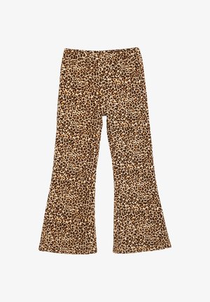 Pantaloni a gamba larga con stampa leopardata e vita elastica, caratterizzati da macchie marroni, nere e beige su uno sfondo beige.