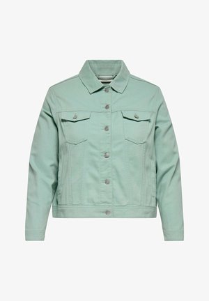 Lichtgroene spijkerjas met knoopsluiting aan de voorkant, twee borstzakken met klep, lange mouwen en een klassieke kraag, afgebeeld op witte achtergrond.