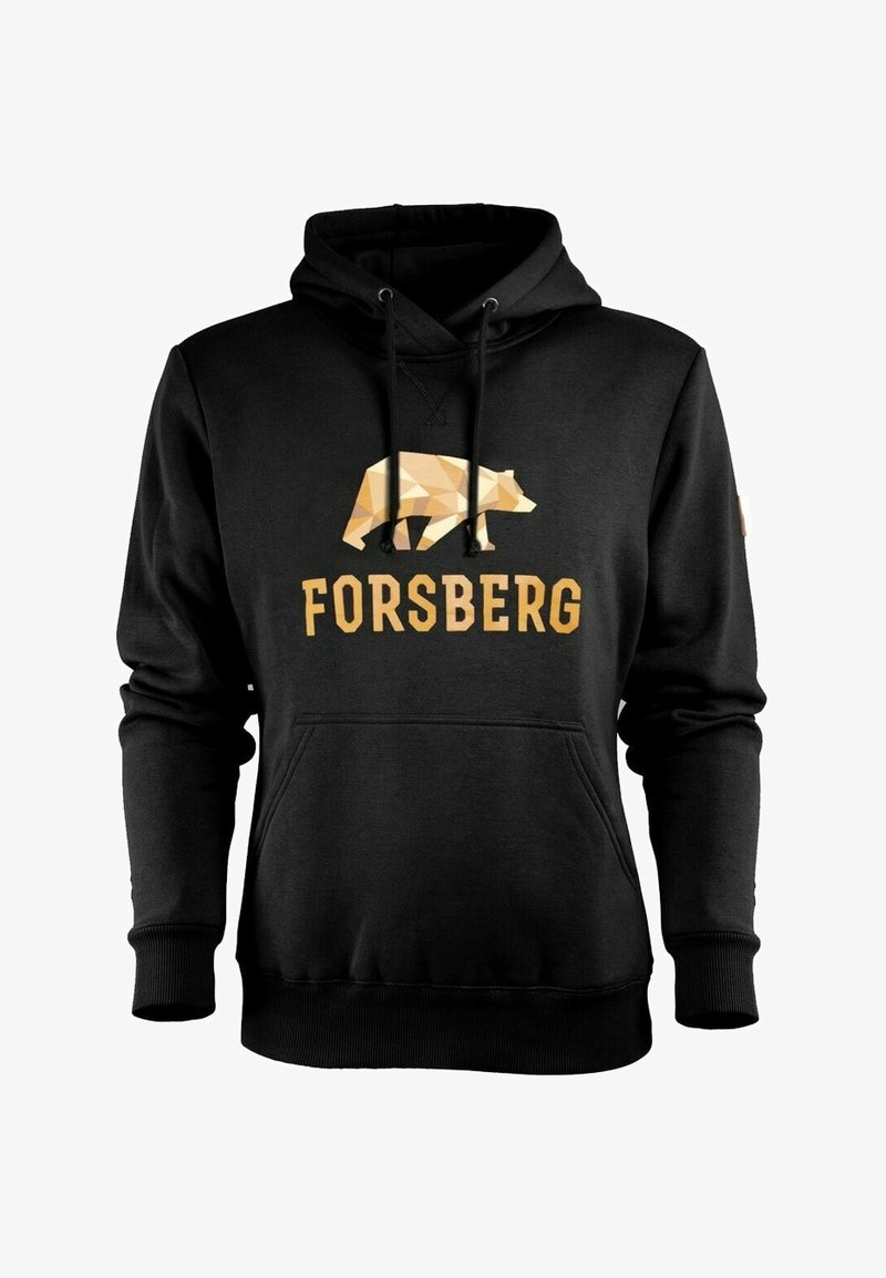Sweat à capuche noir avec poche avant, motif graphique d’ours géométrique et texte « FORSBERG » en jaune sur la poitrine.