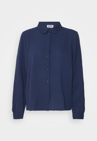 Marinblå långärmad skjorta med krage, knapplåsning och rynkade manschetter. Slät tyg med en subtil lyster och avslappnad design.