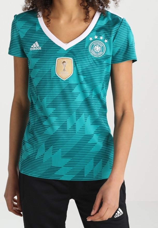Teal urheilupaita, jossa on V-kaulus, valkoinen kaulus, FIFA-embleemi ja vaakaraitakuosi. Adidas-logo vasemmassa rintapielessä.