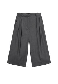 Grijze wijde broek van textuurstof, met voorplooien, een hoge taille en zijzakken. Vlakke tailleband zonder zichtbare sluiting.