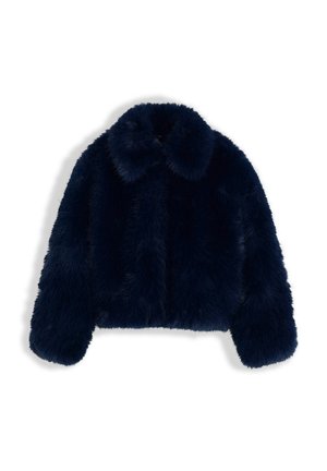 Veste en fausse fourrure bleu marine foncé à manches longues et col large, présentée à plat sur fond blanc.
