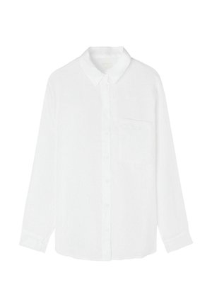 Hvid langærmet skjorte i let stof, med knaplukning fortil, klassisk krave, enkelt brystlomme og en afslappet pasform.
