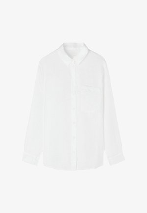 Hvid langærmet skjorte i let stof, med knaplukning fortil, klassisk krave, enkelt brystlomme og en afslappet pasform.
