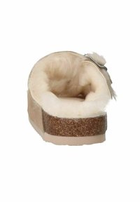 Slof met kurkzool, voorzien van een zachte, beige bontvoering en een lichtbruine, zachte buitenkant. Eenvoudig ontwerp zonder extra versieringen.