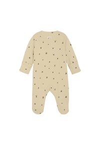 Beige Rippstrick-Babyoverall mit langen Ärmeln, ausgestattet mit einem verstreuten Käferdruck in verschiedenen Farben. Mit Füßen an den Bottoms gestaltet.