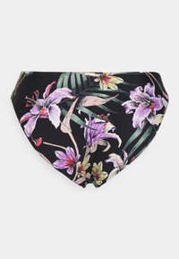 Parte de baixo de biquíni floral com fundo preto, decorado com flores roxas e amarelas vibrantes e folhas verdes, feito de um tecido elástico e suave.