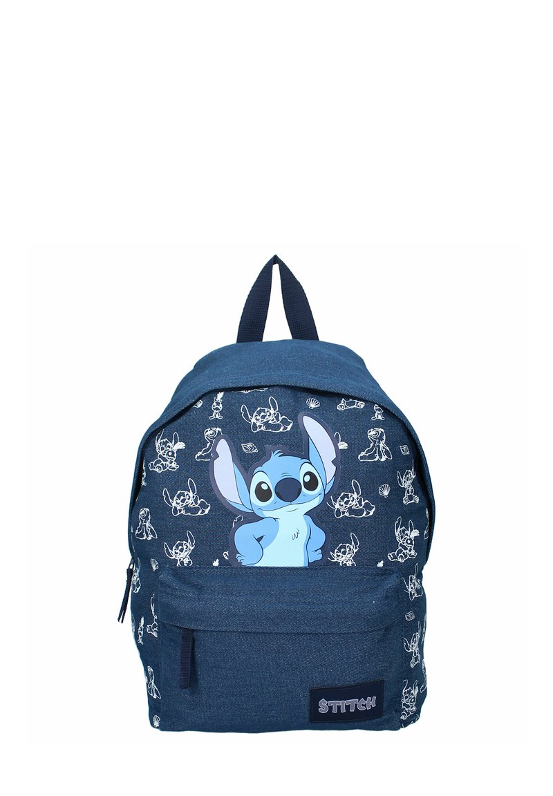 Blaue Denim-Rucksack mit einem großen gedruckten Stitch-Charakter und kleineren Stitch-Designs. Mit verstellbaren Trägern und Fronttasche.