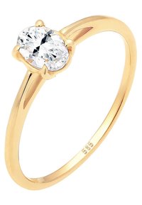 Guldring med en ovalslibet klar ædelsten sat i en fire-prongs mount, med en glat, poleret ring og en 585 stempling.