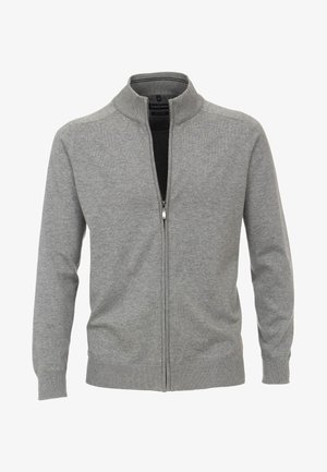 Grauer Zip-Up-Pullover mit hohem Kragen, langen Ärmeln, gerippten Bündchen und einer weichen Stricktextur. Glatter Stoff mit einem schlichten Design.