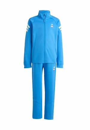 Tuta in pile blu con giacca con zip, polsini a costine, tasche laterali e pantaloni abbinati con dettagli di cuciture sottili e accenti con logo.