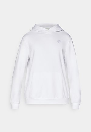 Valkoinen huppari, jossa on etupussitasku, nyöritettävä huppu ja hillitty logo rinnassa. Materiaali näyttää pehmeältä ja teksturoidulta.