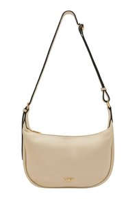 Borsa a tracolla in pelle beige con dettagli neri, dalla forma curvata, e un logo dorato sul fronte. Dotata di una tracolla regolabile e chiusura con zip.