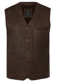 Gilet en cuir marron avec un décolleté en V, cinq boutons, deux poches avant et une doublure en fourrure texturée. Étiquette cousue à l'intérieur près du col.