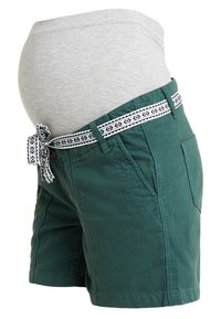 Green maternity shorts with a grey waistband, featuring a patterned tie and side pockets. Made of soft, breathable fabric for comfort.