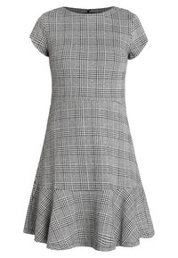 Robe à carreaux gris et noir avec des manches courtes, un corsage ajusté et un ourlet volanté évasé. Fabriquée en tissu texturé.