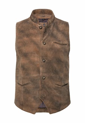 Chaleco de gamuza marrón con cuello alto, botones en la parte frontal, dos bolsillos laterales y costuras decorativas. Textura suave con un acabado ligeramente desgastado.