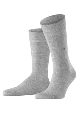 Chaussettes en coton grises avec un motif côtelé et un bord replié. Texture lisse et longueur standard de tige. Petit logo sur le côté.