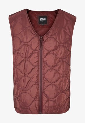 Bordeaux gewatteerde vest met een ritssluiting aan de voorkant. Heeft een mouwloos ontwerp en een cirkelvormig stikpatroon op de stof.