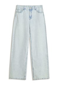 Lichtblauwe high-waisted denim jeans met wijde benen, voorste knoop, ritsluiting en voor- en achterzakken.