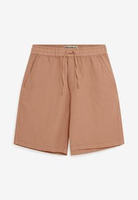 Shorts décontractés marron clair avec taille élastique, cordon de serrage, poches latérales et ourlet droit, posés à plat sur un fond blanc.