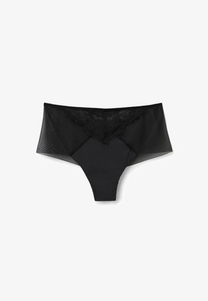 Černé kalhotky s průhledným síťovaným designem po stranách, krajkovým lemem v přední části a klasickým střihem. Měkká a hladká textura.