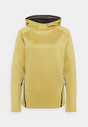 Gele hoodie met lange mouwen, zijzakken met rits en een klein logo op de borst.