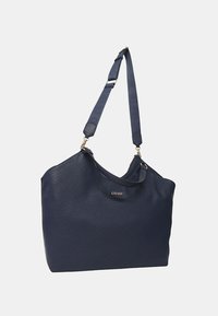 Borsa a spalla strutturata di colore blu navy con tracolla regolabile, hardware dorato e logo "LIU JO" al centro sul davanti, su sfondo bianco uniforme.