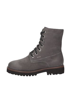 Graue Leder-Ankle-Boots mit Schnürung, abgerundeter Zehenform und robuster Gummisohle. Merkmale sind Nahtakzente und Metallösen.