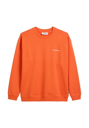Oranje sweatshirt met lange mouwen, ronde hals en geribbelde manchetten. Heeft een klein wit logo op de borst. Gemaakt van zachte stof.