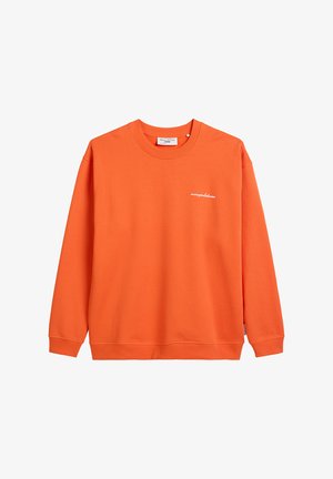 Oranje sweatshirt met lange mouwen, ronde hals en geribbelde manchetten. Heeft een klein wit logo op de borst. Gemaakt van zachte stof.