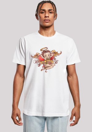 White cotton T-shirt with a colorful illustrated graphic of a cherub with wings and a halo, featuring text and a banner design.