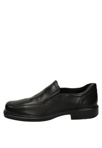 Schwarzer Leder Slipper mit elegantem Design, abgerundeter Zehenpartie und minimalen Nähten, ausgestattet mit einer niedrigen Gummisohle.