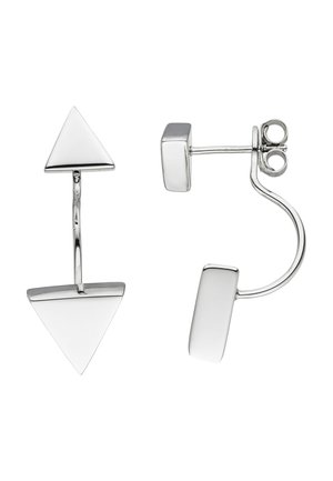 Silberne geometrische Ohrringe mit einem dreieckigen und einem rechteckigen Design, beide mit einer polierten Oberfläche und einer zweigeteilten Struktur.