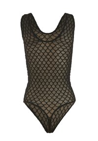 Schwarzer Badeanzug mit einem Netzdesign und Schuppenmuster. Er hat einen scoop-Ausschnitt und einen hohen Beinausschnitt. Strukturiertem Stoff.