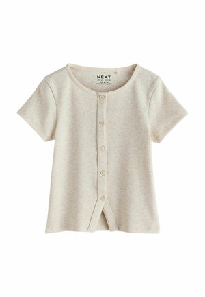 Beige short-sleeve ribbed shirt with round neckline and five front buttons, including a small front slit at the bottom.