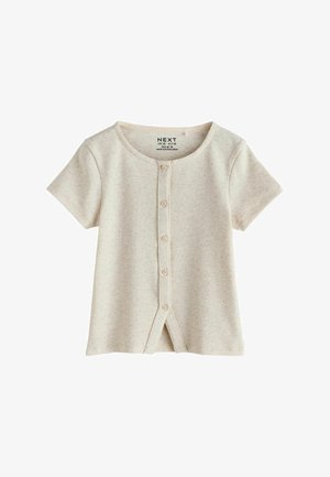 Beige kortærmet ribbet skjorte med rund halsudskæring og fem knapper foran, inklusive en lille frontslids nederst.