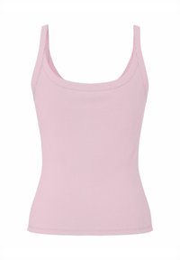Canottiera a coste di un rosa chiaro con scollatura tonda, spalline sottili e silhouette aderente. Tessuto liscio con dettagli di cucitura discreti.
