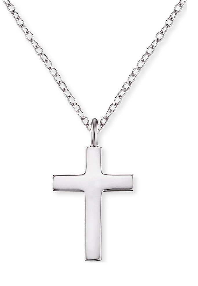 Silberne Halskette mit einem polierten Kreuzanhänger. Das Kreuz ist einfach, mit einer glatten Oberfläche und gleichmäßigen Proportionen.