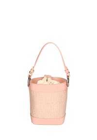 Borsa a secchiello rosa con texture intrecciata, rifiniture in pelle e chiusura a coulisse in canvas. Dotata di una sola tracolla regolabile e accessori in argento.