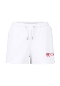 Pantalones cortos de algodón blanco con cinturilla elástica y cordón. Presenta el logo bordado en rojo "R.S.V.P." en la parte frontal. Textura suave.