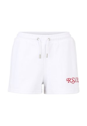 Witte katoenen shorts met een elastische tailleband en een trekkoord. Voorzien van een rode geborduurde "R.S.V.P."-logo aan de voorkant. Glad van structuur.