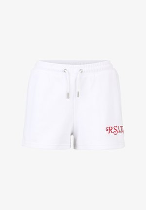 Witte katoenen shorts met een elastische tailleband en een trekkoord. Voorzien van een rode geborduurde "R.S.V.P."-logo aan de voorkant. Glad van structuur.
